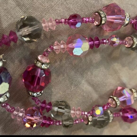 Vtg Vendome 2 Strand Aurora Borealis Pinks & Smoke Crystal 22-24" Necklace Set - Picture 5 of 13